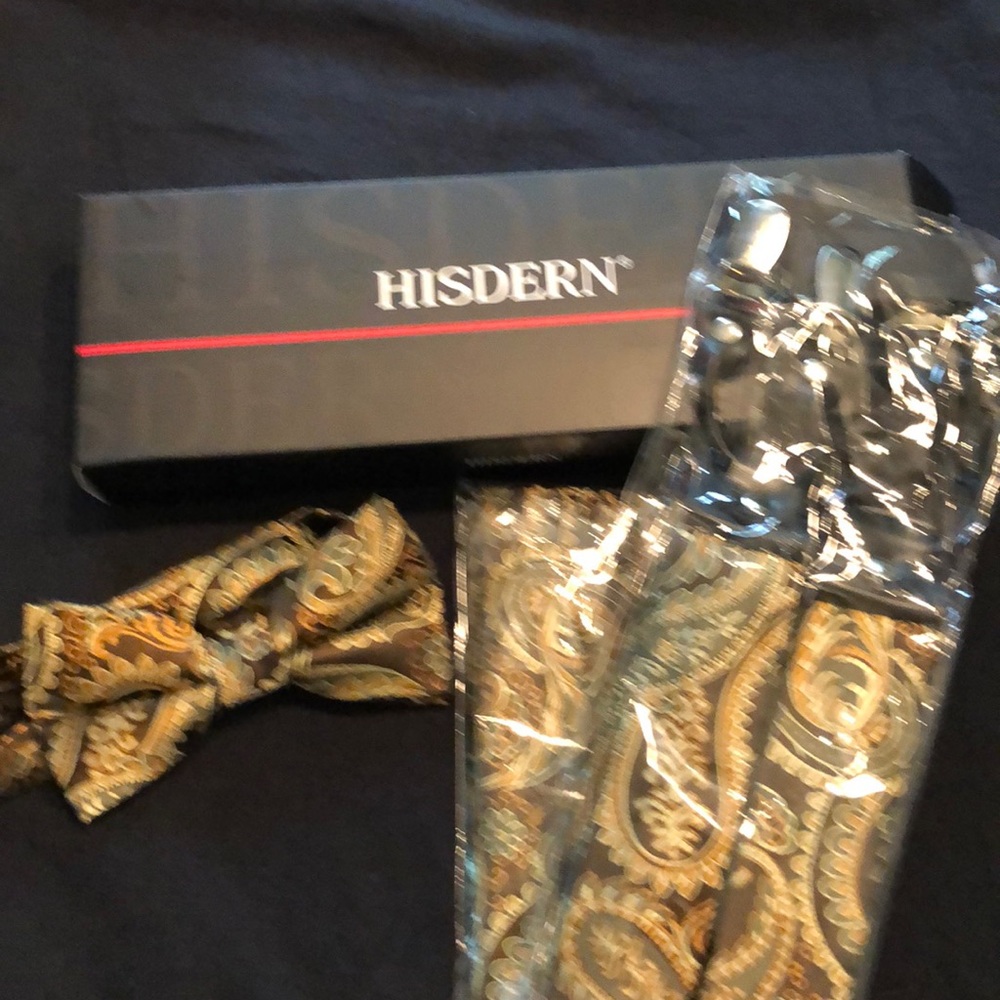 3 piece bow tie, suspenders and pocket square.